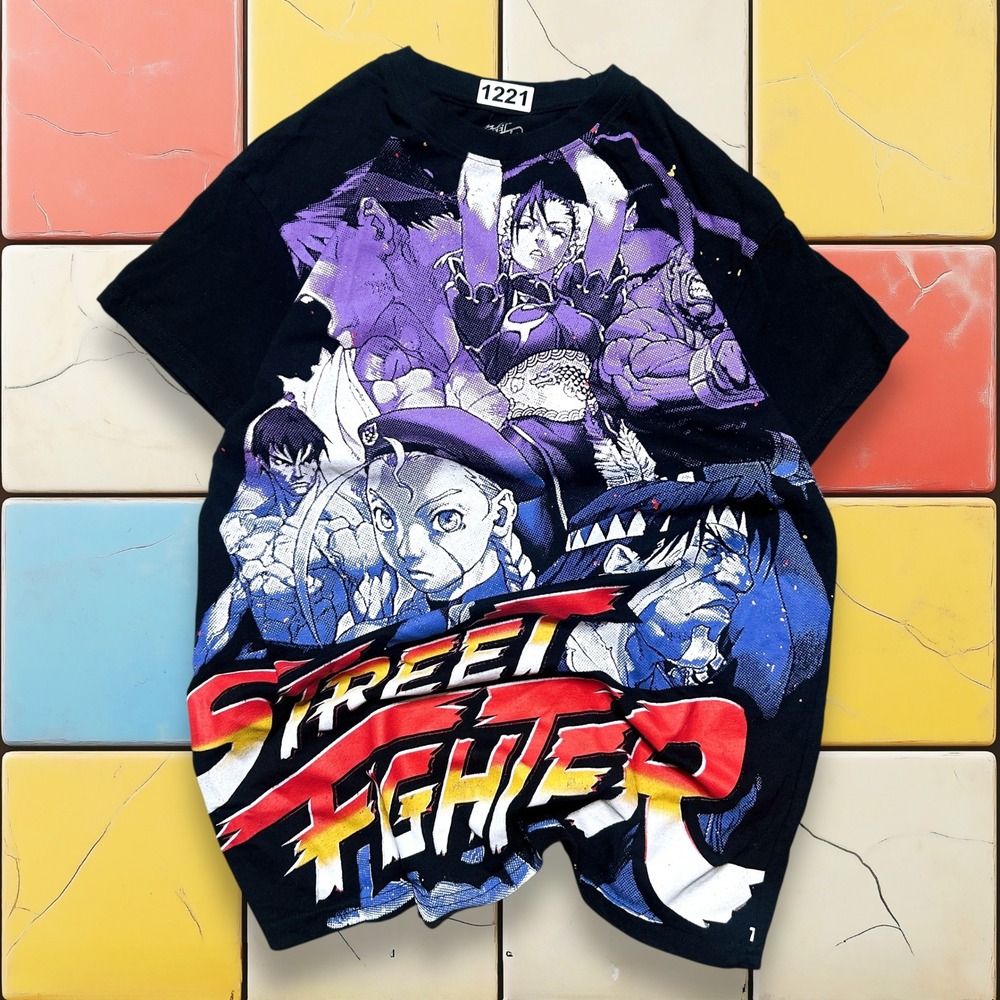 Y2K Street Fighter AOP Capcom Tee‎ Women M Black Anime Gaming Chun-Li Ryu Shirt